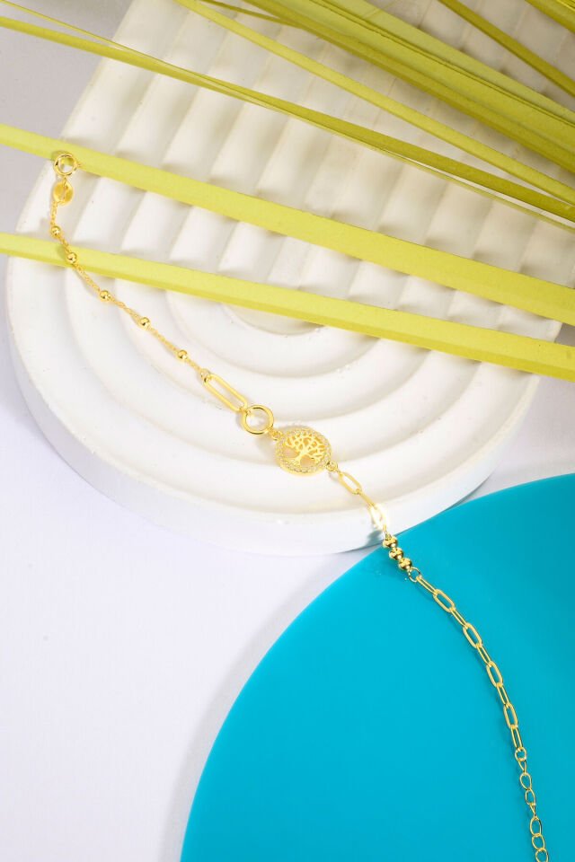 925 AYAR GÜMÜŞ ÜZERİ ALTIN KAPLAMA HAYAT AĞACI BİLEKLİK