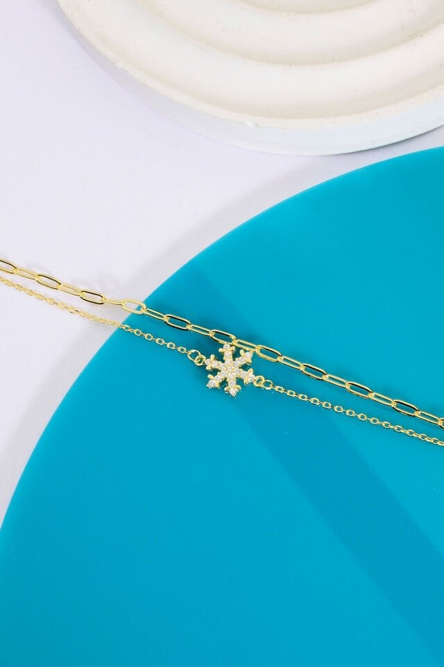 925 AYAR GÜMÜŞ ÜZERİ ALTIN KAPLAMA 2 ZİNCİRLİ KAR TANESİ BİLEKLİK