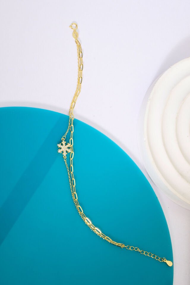 925 AYAR GÜMÜŞ ÜZERİ ALTIN KAPLAMA 2 ZİNCİRLİ KAR TANESİ BİLEKLİK