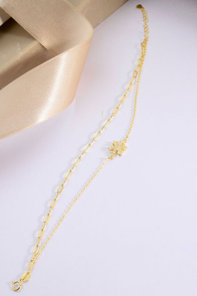 925 AYAR GÜMÜŞ ÜZERİ ALTIN KAPLAMA 2 ZİNCİRLİ KAR TANESİ BİLEKLİK