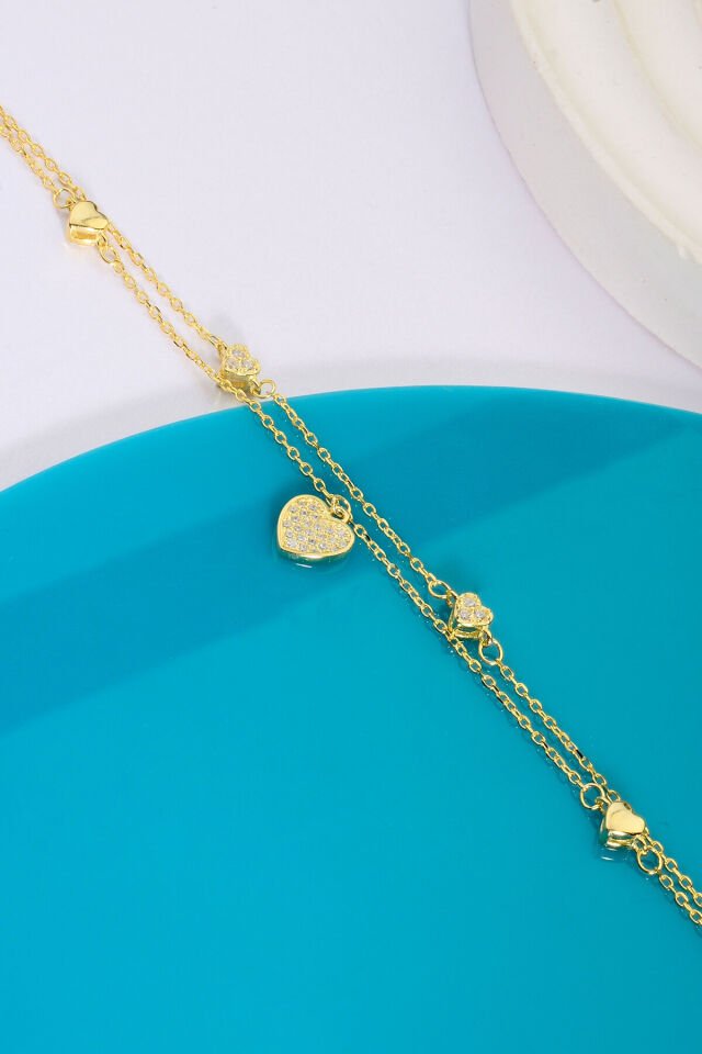 925 AYAR GÜMÜŞ ÜZERİ ALTIN KAPLAMA 2 ZİNCİRLİ KALPLİ BİLEKLİK