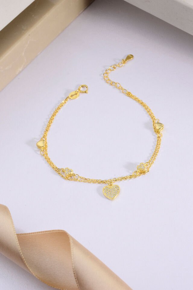 925 AYAR GÜMÜŞ ÜZERİ ALTIN KAPLAMA 2 ZİNCİRLİ KALPLİ BİLEKLİK