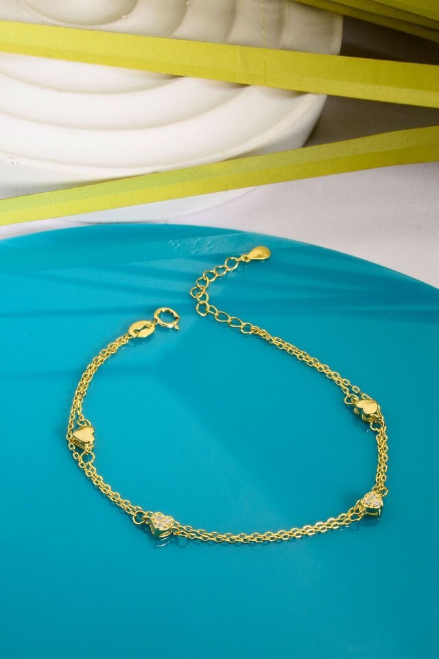 925 AYAR GÜMÜŞ ÜZERİ ALTIN KAPLAMA 2 ZİNCİRLİ KÜÇÜK KALPLİ BİLEKLİK