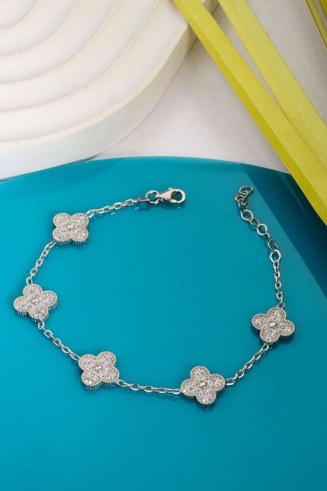 925 Ayar Gümüş Beşli Taşlı Yonca Bileklik