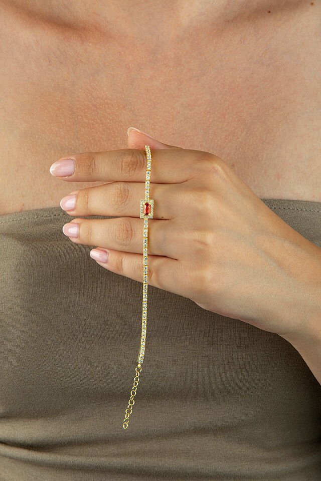 Altın Kaplama 925 Ayar Gümüş Baget Taşlı Çerçeveli Renkli Baget Kesim Taşlı Su Yolu Bileklik