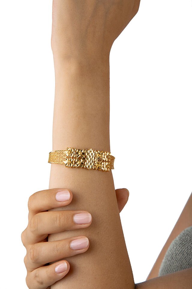 Altın Kaplama 925 Ayar Gümüş Tül Kelepçe Oymalı İşlemeli Bilezik