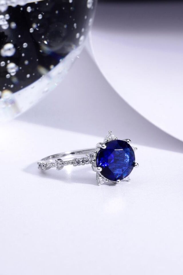 925 Ayar Gümüş Lotus Taşlı Kadın Yüzük Lacivert - 14