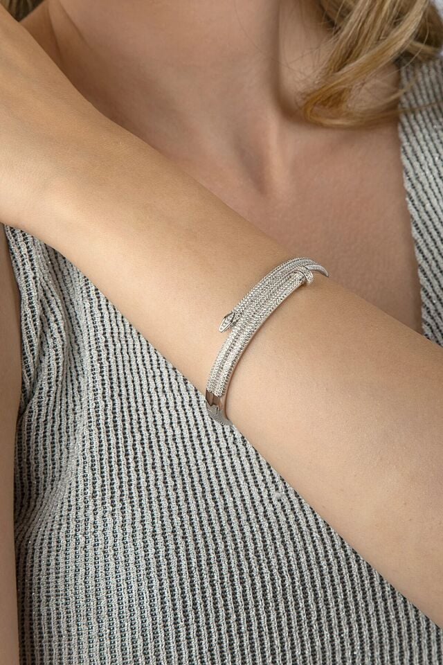 925 Ayar Gümüş İki Tur Dönen Çivi Motifli Taşlı Kelepçe Bilezik