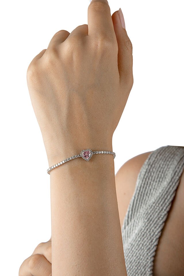 925 Ayar Gümüş Taş Çerçeveli Kalp Kesim Pembe Taşlı Su Yolu Bileklik