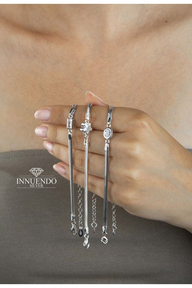 925 Ayar Gümüş Yıldız Motifli Taşlı Balıksırtı (İtalyan) Zincirli Bileklik