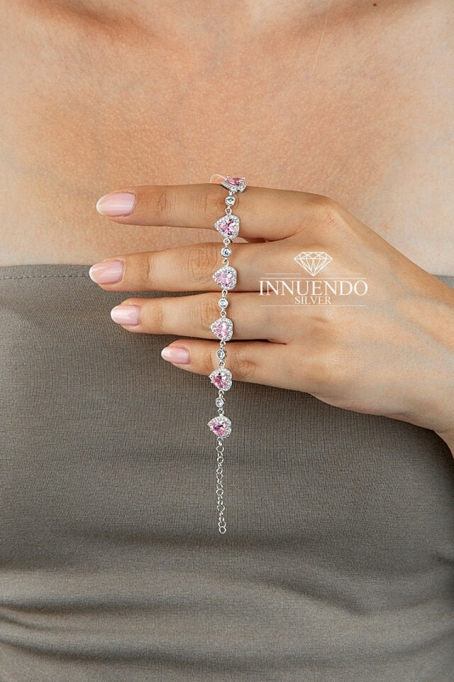 925 Ayar Gümüş Taş Çerçeveli Kalp Motifli Pembe Taşlı Sıralı Bileklik