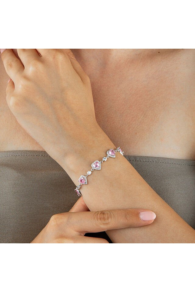 925 Ayar Gümüş Taş Çerçeveli Kalp Motifli Pembe Taşlı Sıralı Bileklik