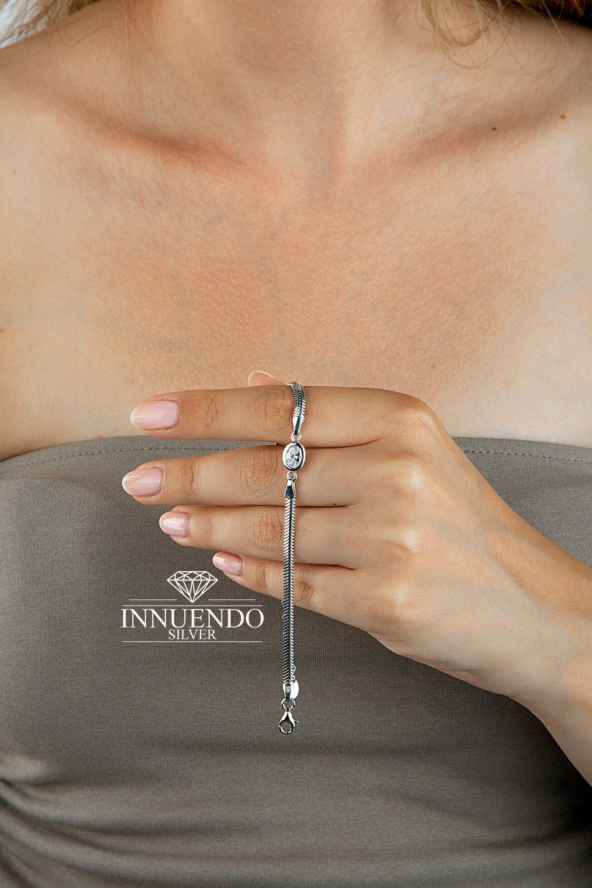 925 Ayar Gümüş Oval Taşlı Balıksırtı (İtalyan) Zincirli Bileklik