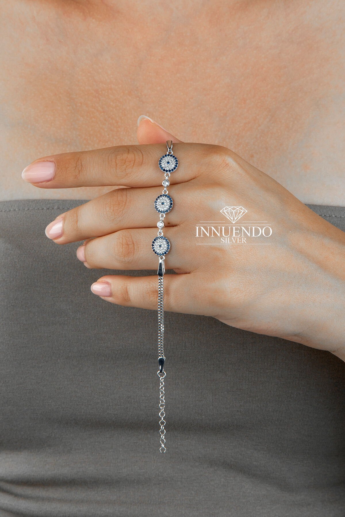 925 Ayar Gümüş Üçlü Nazar Boncuğu Motifli Taşlı Kutu Zincirli Bileklik