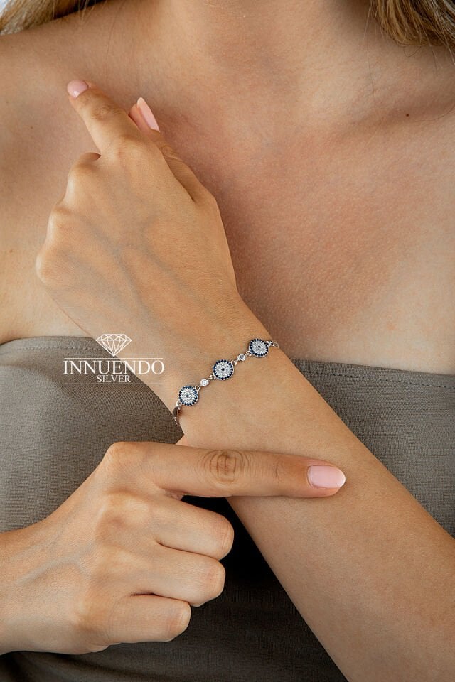 925 Ayar Gümüş Üçlü Nazar Boncuğu Taşlı Zincirli Bileklik