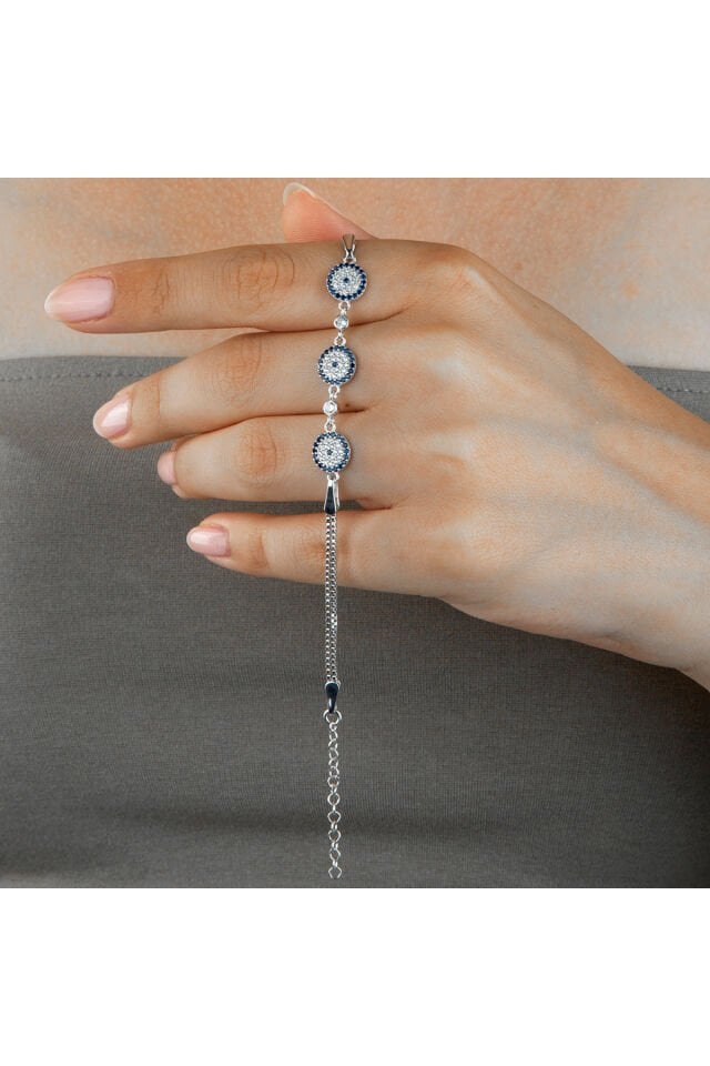 925 Ayar Gümüş Üçlü Nazar Boncuğu Taşlı Zincirli Bileklik