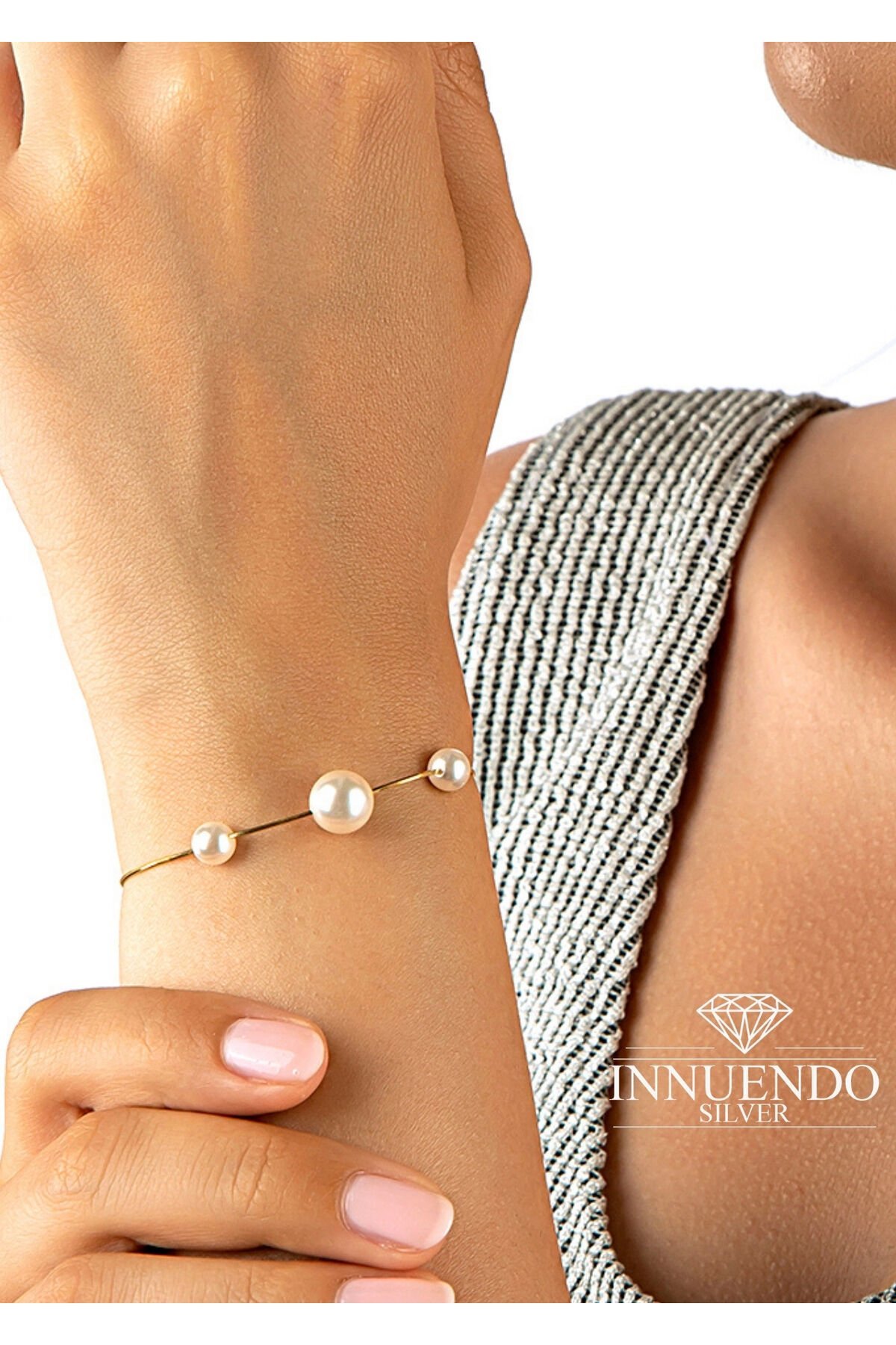 Altın Kaplama 925 Ayar Gümüş Yılan Zincirli Dağınık Büyük - Küçük İncili Bileklik