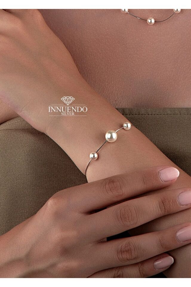 Altın Kaplama 925 Ayar Gümüş Yılan Zincirli Dağınık Büyük - Küçük İncili Bileklik