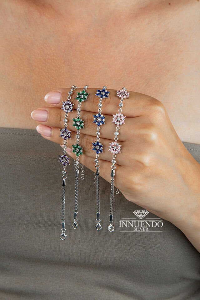 925 Ayar Gümüş Üçlü Lotus Motifli Markiz Kesim Mor Taşlı Kutu Zincirli Bileklik