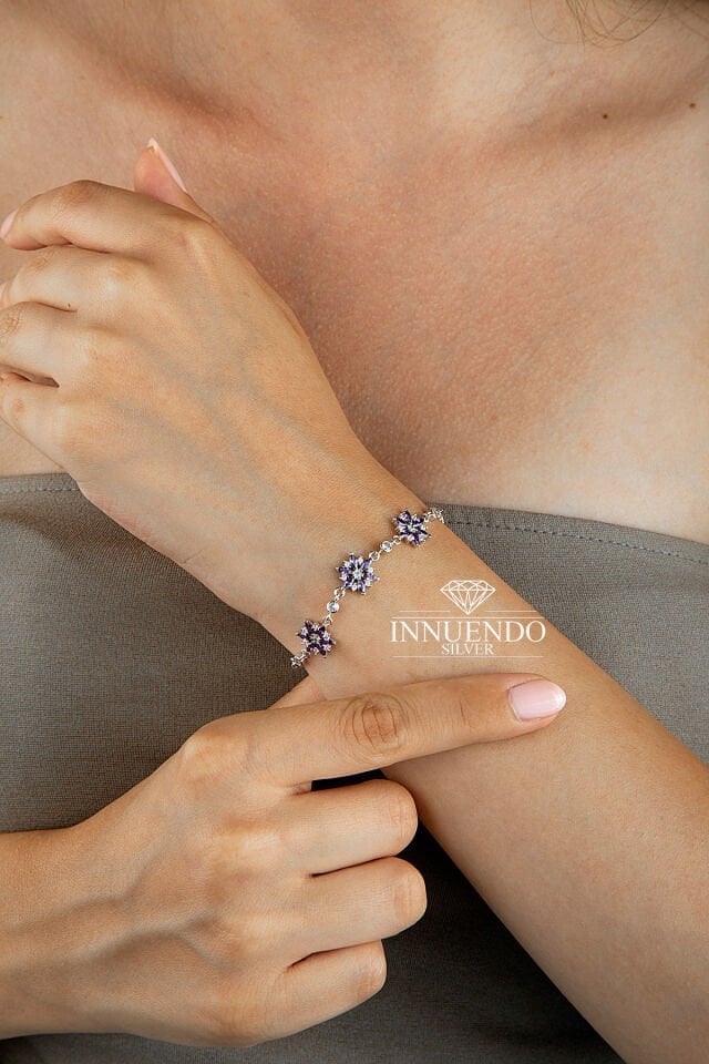 925 Ayar Gümüş Üçlü Mor Lotus Markiz Taşlı Zincirli Bileklik