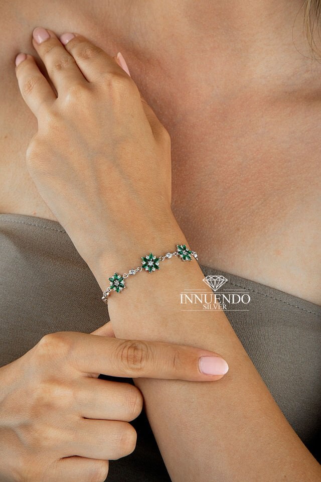 925 Ayar Gümüş Üçlü Mor Lotus Markiz Taşlı Zincirli Bileklik