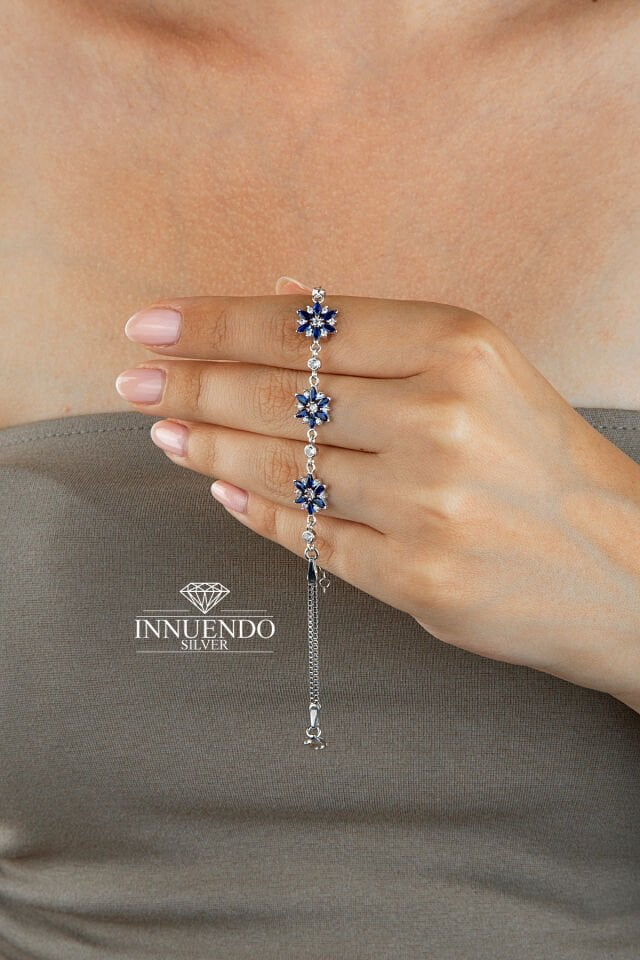 925 Ayar Gümüş Üçlü Mor Lotus Markiz Taşlı Zincirli Bileklik