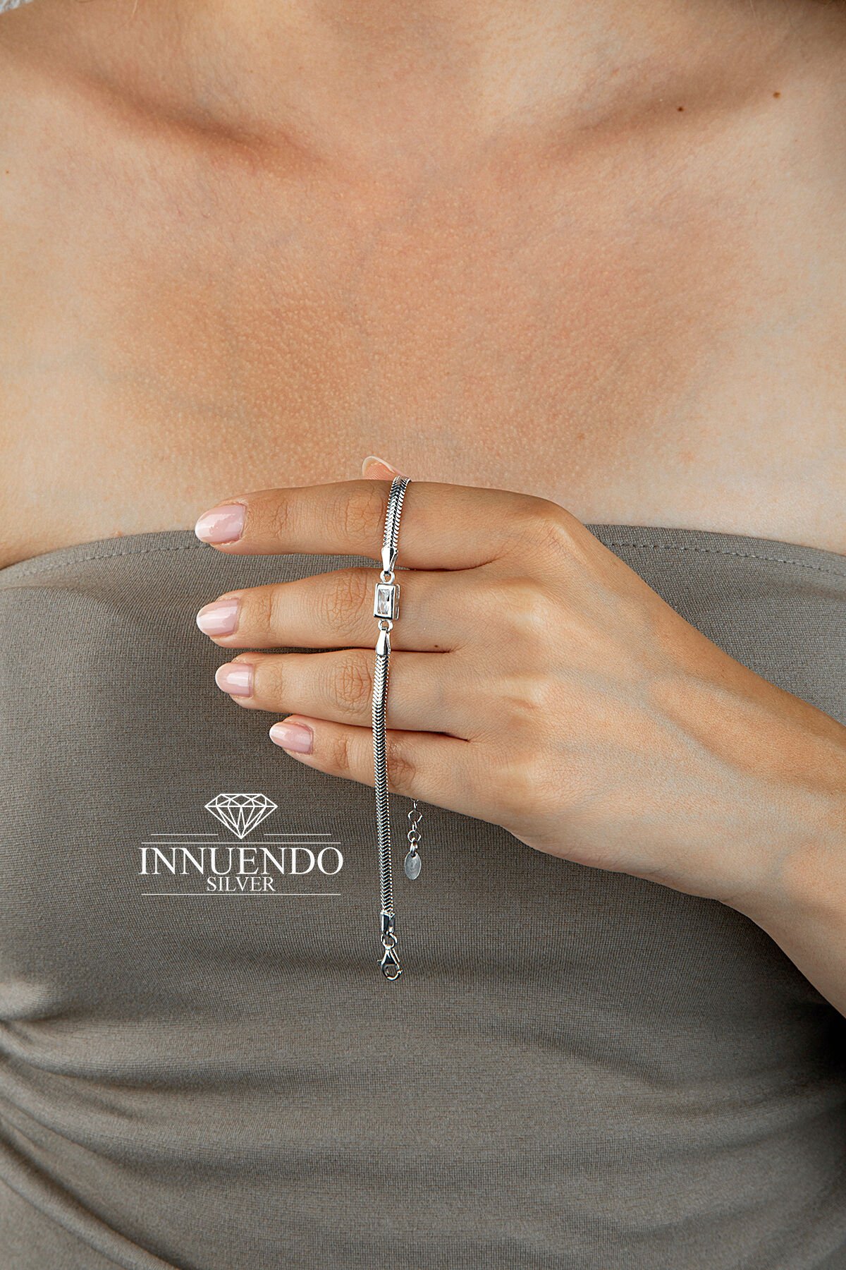 925 Ayar Gümüş Baget Taşlı Balıksırtı (İtalyan) Zincirli Bileklik