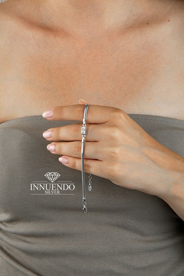 925 Ayar Gümüş Baget Taşlı Balıksırtı (İtalyan) Zincirli Bileklik