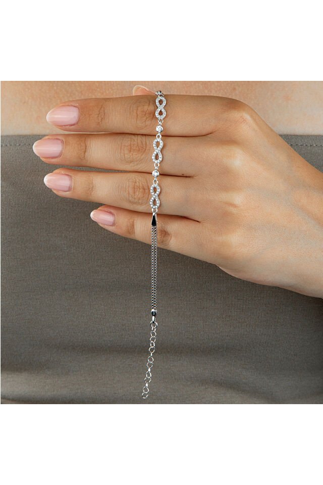 925 Ayar Gümüş Üçlü Sonsuzluk Motifli Taşlı Kutu Zincirli Bileklik