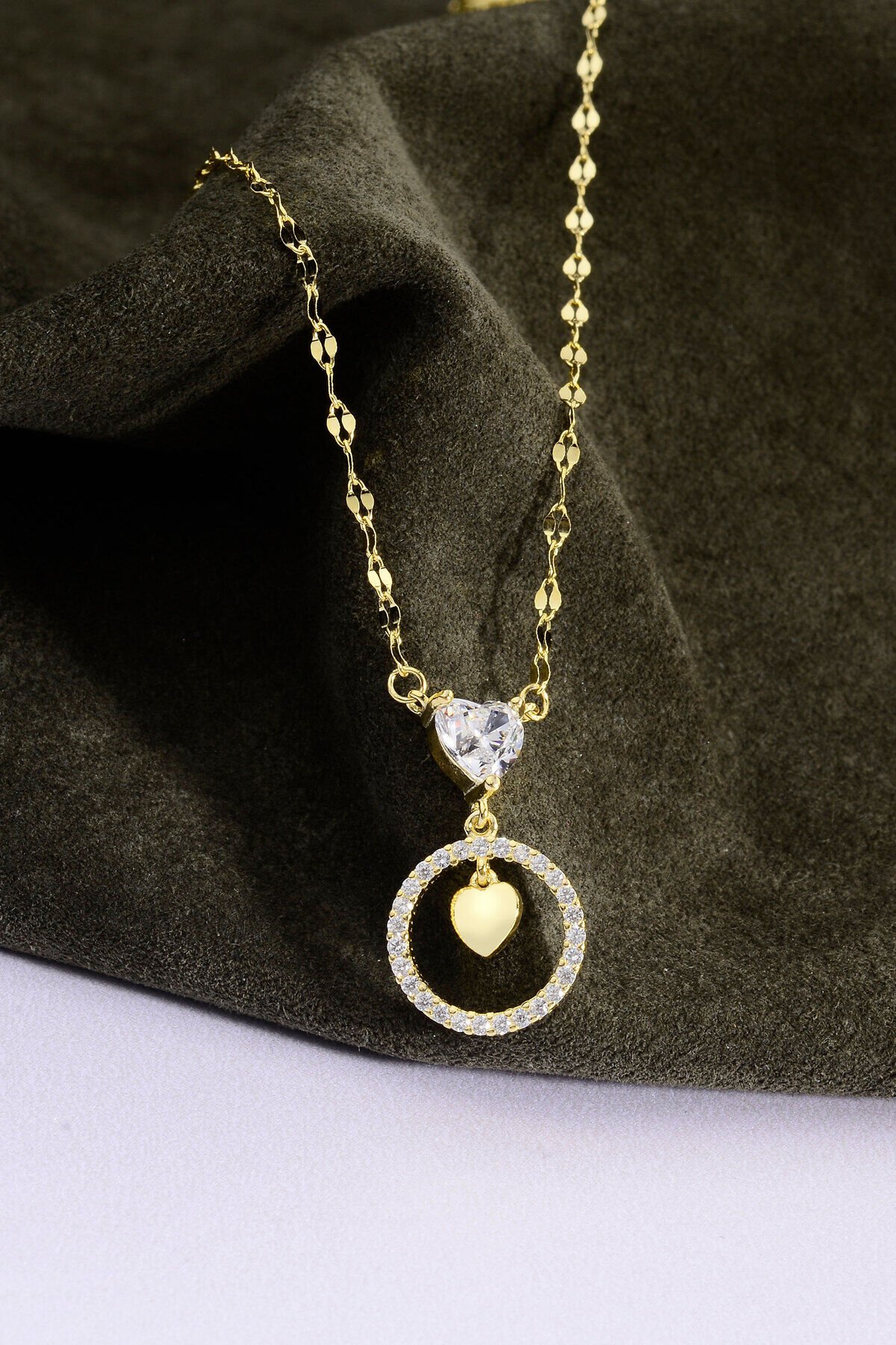 Altın Kaplama 925 Ayar Gümüş Kalp Taşlı Halkalı Aynalı Zincir Kolye