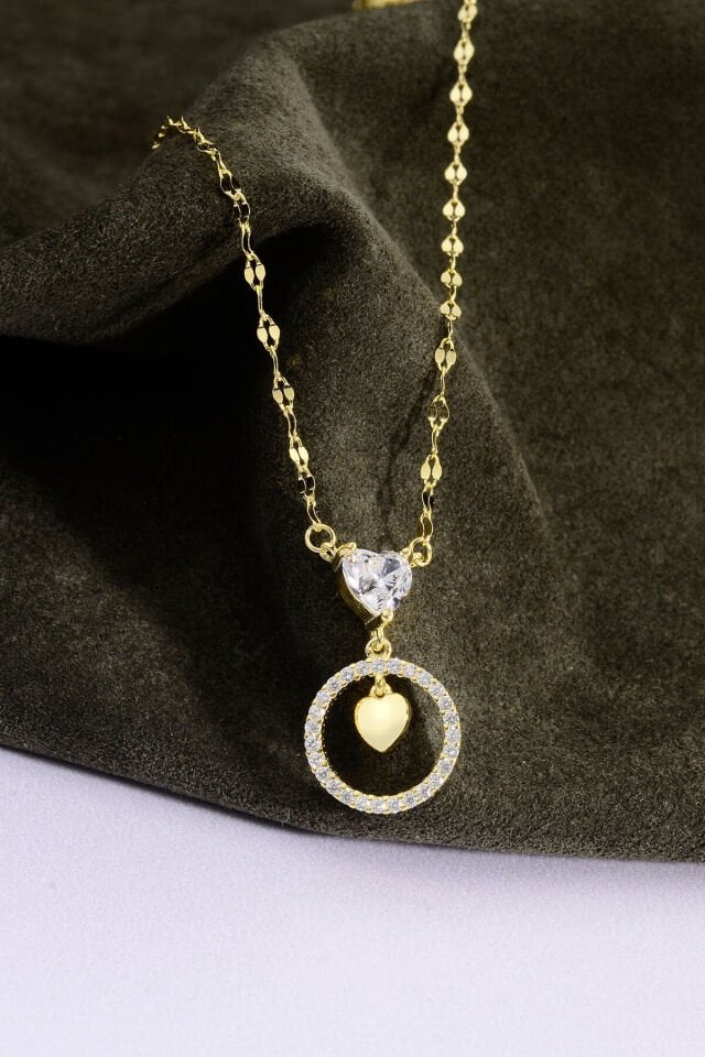 Altın Kaplama 925 Ayar Gümüş Kalp Taşlı Halkalı Aynalı Zincir Kolye