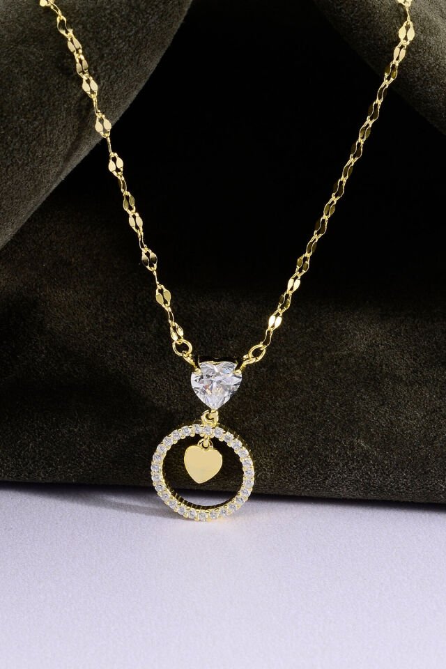 Altın Kaplama 925 Ayar Gümüş Kalp Taşlı Halkalı Aynalı Zincir Kolye