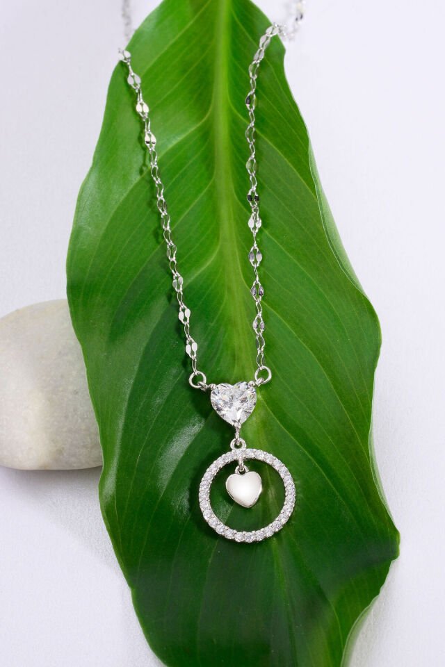 Altın Kaplama 925 Ayar Gümüş Kalp Taşlı Halkalı Aynalı Zincir Kolye