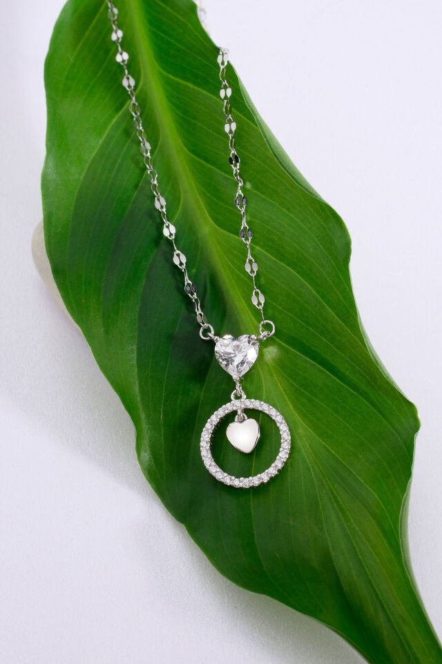 Altın Kaplama 925 Ayar Gümüş Kalp Taşlı Halkalı Aynalı Zincir Kolye