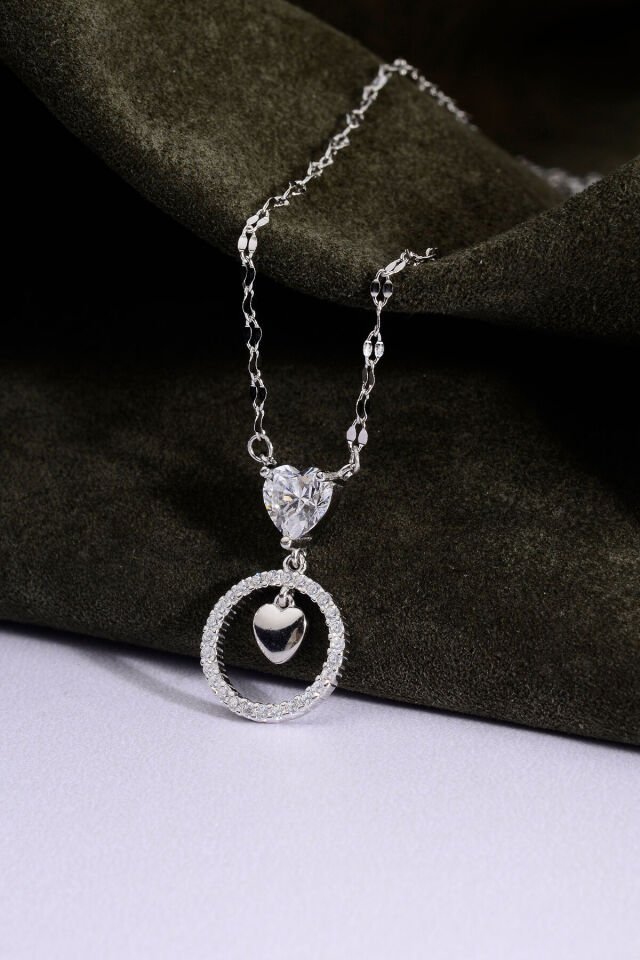 Altın Kaplama 925 Ayar Gümüş Kalp Taşlı Halkalı Aynalı Zincir Kolye