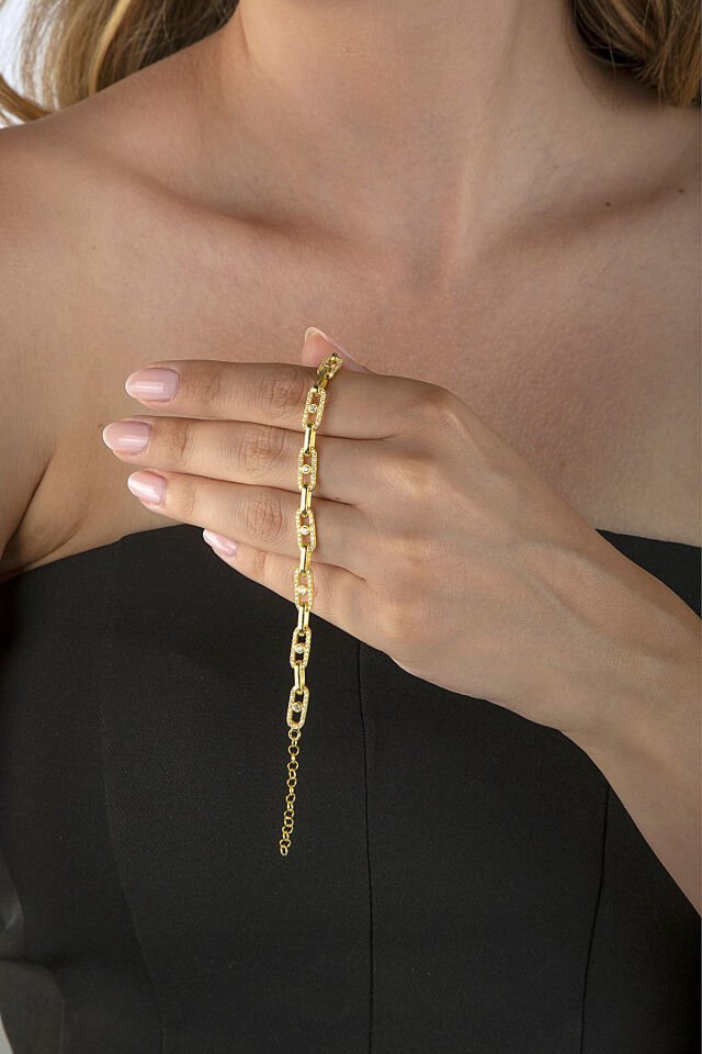 Altın Kaplama 925 Ayar Gümüş Taşlı Ataş Zincirli Bileklik