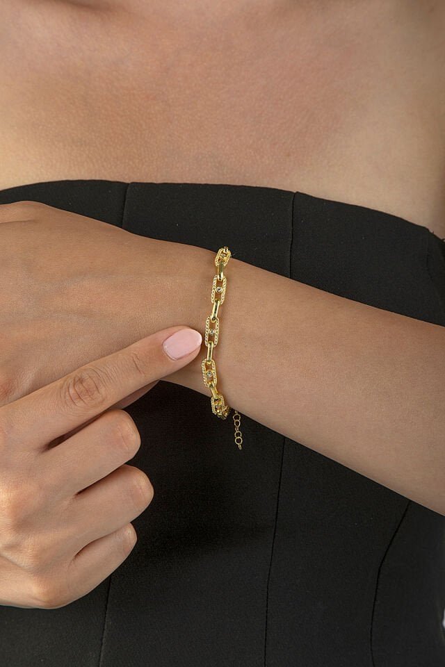 Altın Kaplama 925 Ayar Gümüş Taşlı Ataş Zincirli Bileklik