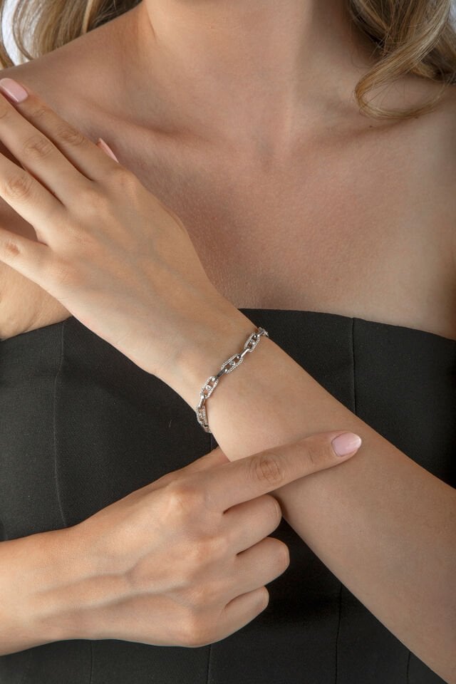 Altın Kaplama 925 Ayar Gümüş Taşlı Ataş Zincirli Bileklik