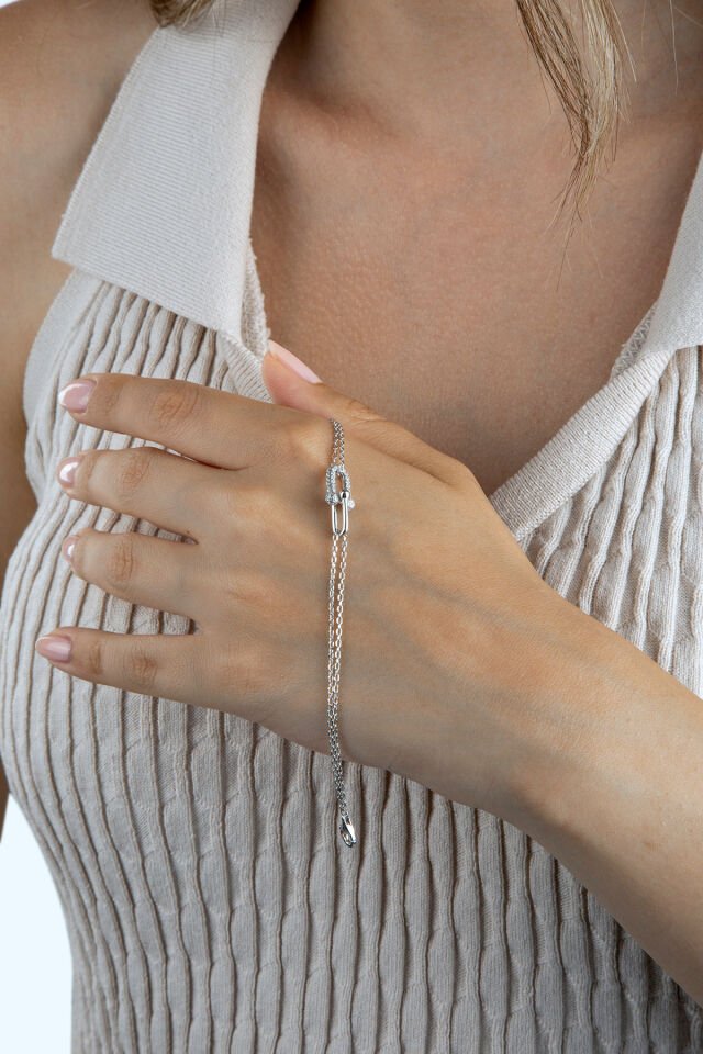 925 Ayar Gümüş İç İçe Yarım Halkalı Taşlı Bileklik