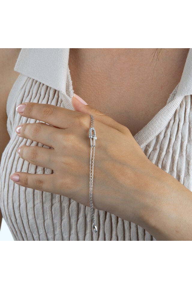 925 Ayar Gümüş İç İçe Yarım Halkalı Taşlı Bileklik