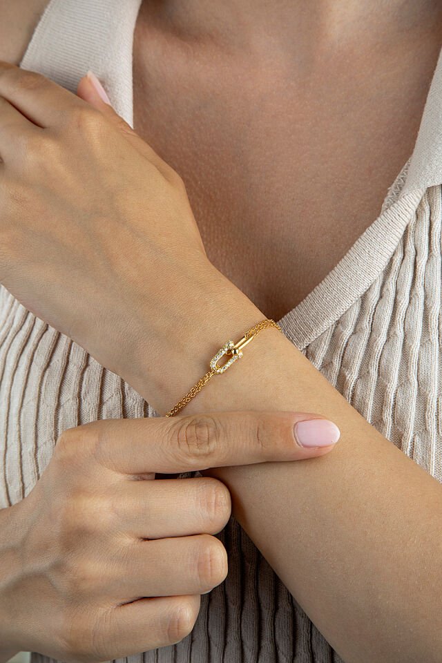 925 Ayar Gümüş İç İçe Yarım Halkalı Taşlı Bileklik