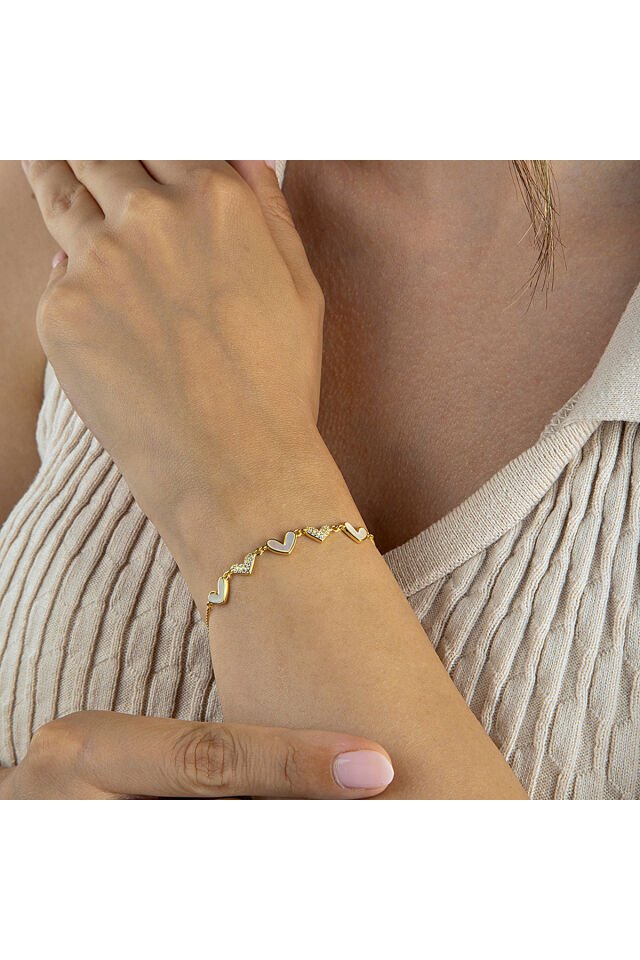 Altın Kaplama 925 Ayar Gümüş Beşli Kalp Motifli Sedefli Bileklik