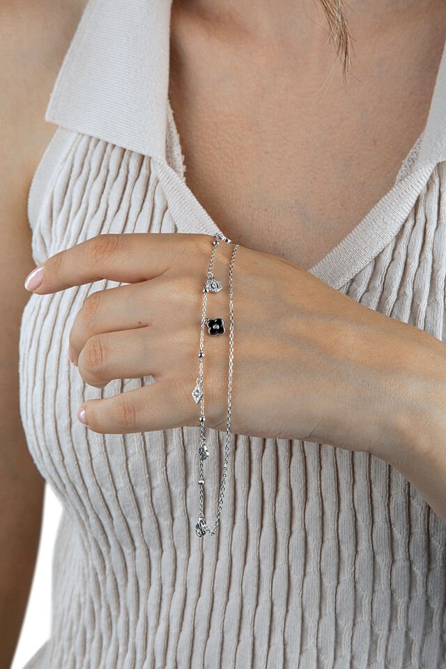 925 Ayar Gümüş Siyah Yonca Charm Bileklik