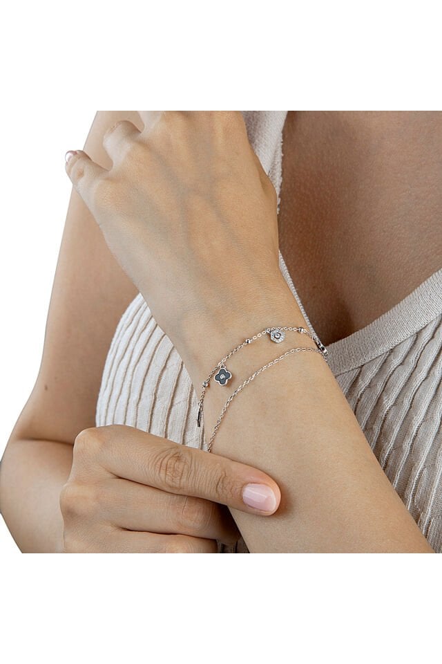 925 Ayar Gümüş Siyah Yonca Charm Bileklik