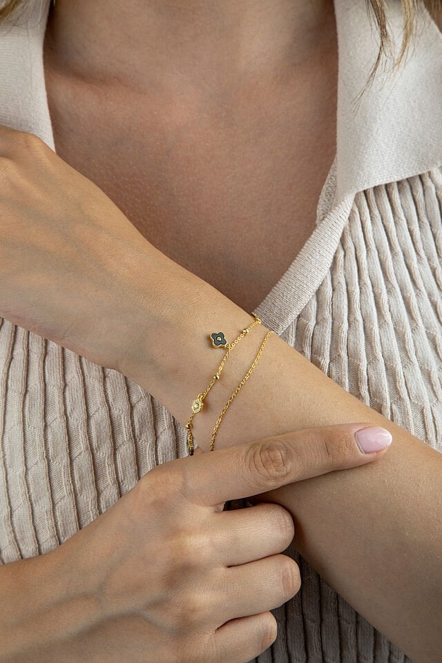 925 Ayar Gümüş Siyah Yonca Charm Bileklik