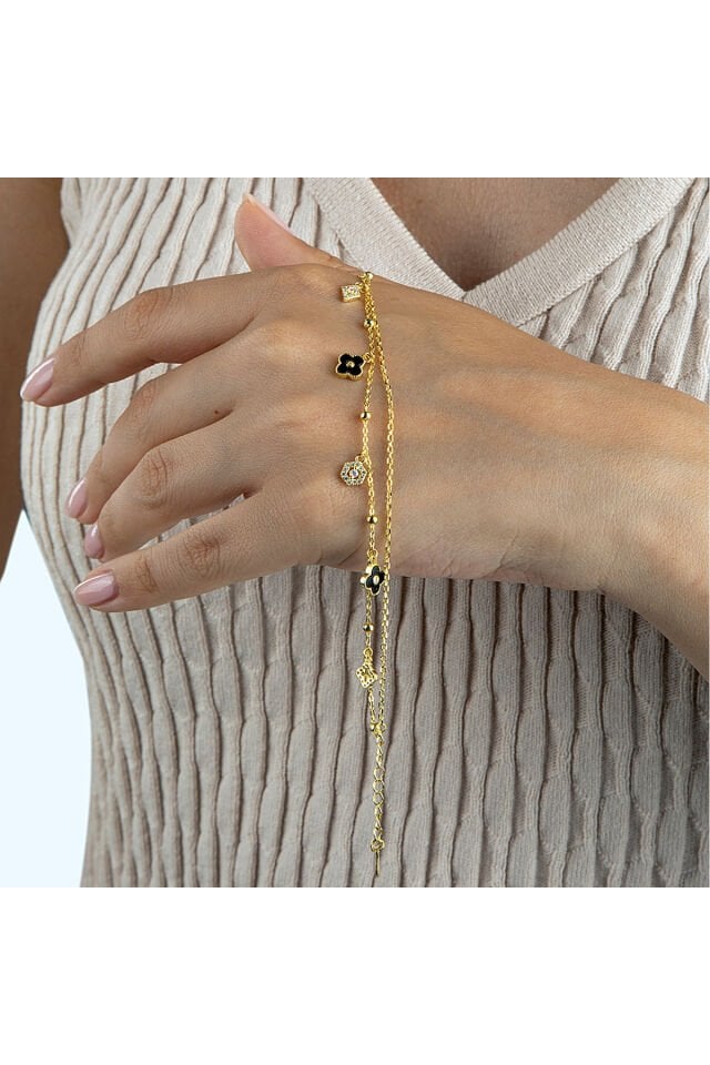 925 Ayar Gümüş Siyah Yonca Charm Bileklik