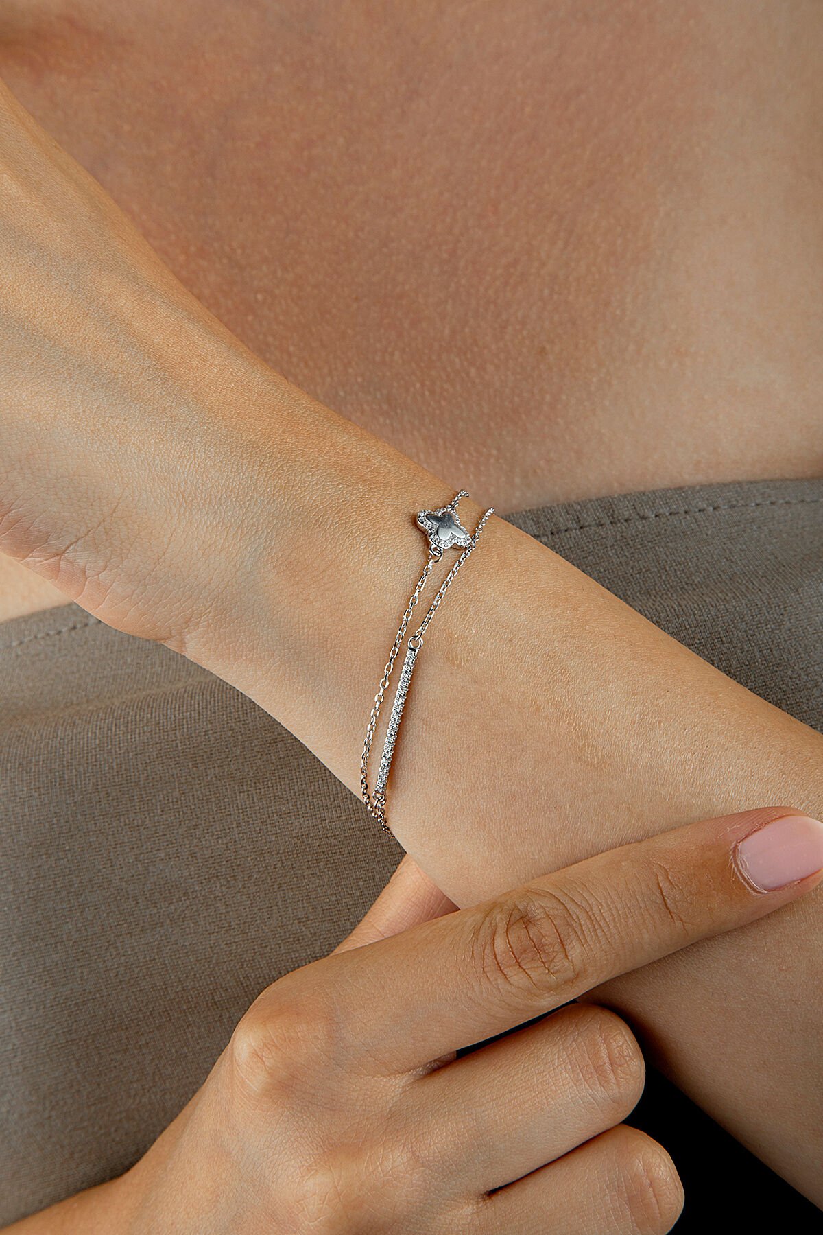 925 Ayar Gümüş Yonca Çift Zincir Bileklik