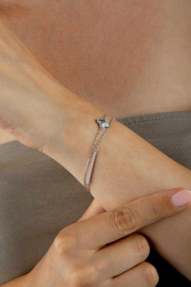 925 Ayar Gümüş Yonca Çift Zincir Bileklik