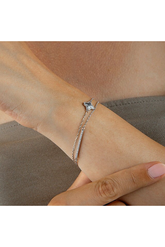 925 Ayar Gümüş Yonca Çift Zincir Bileklik