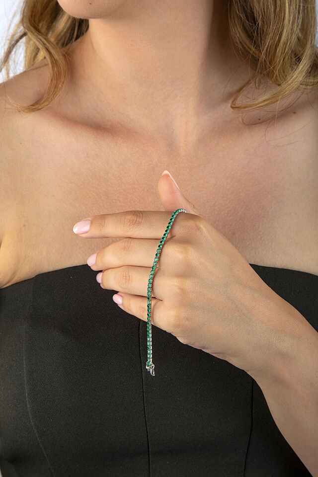 925 Ayar Gümüş 2mm Yeşil Taşlı Su Yolu Bileklik